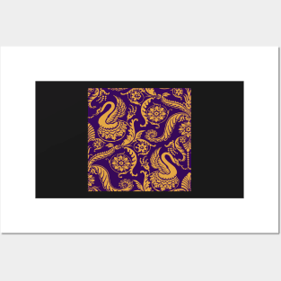 Gold on Royal Purple Classy Medieval Damask Swans Posters and Art